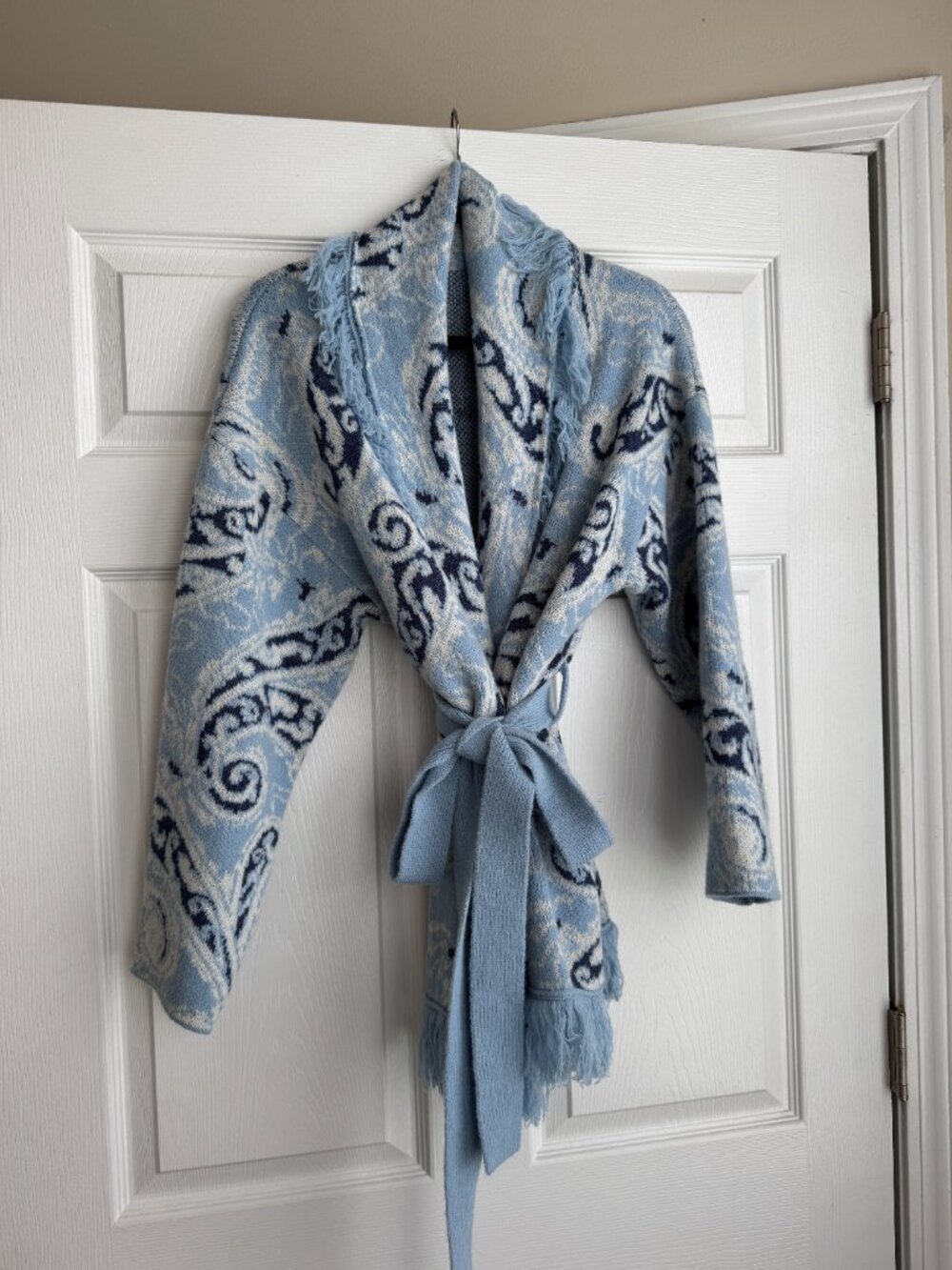 CIDER Knit Collar Paisley Tassel Oversized Tie Front Cardigan